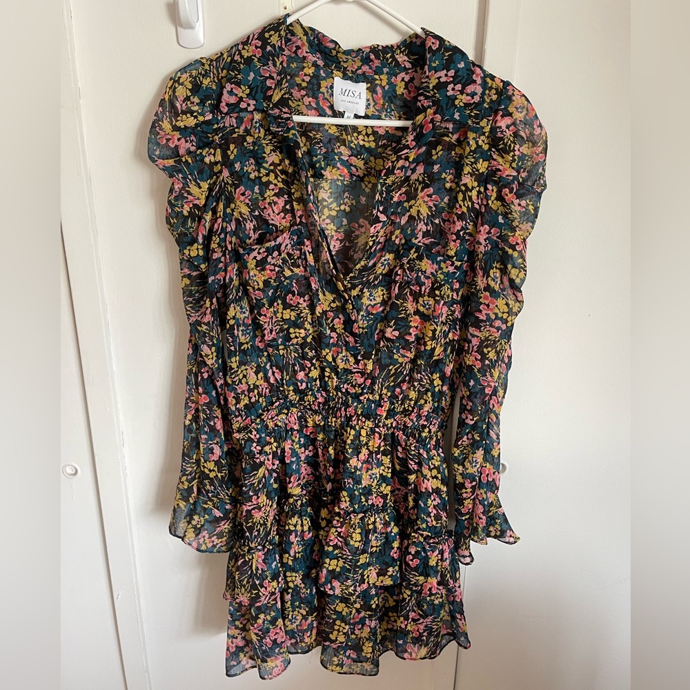 MISA Los Angeles Floral, Multi-Colored Long Sleeve Mini Dress in a Size Medium